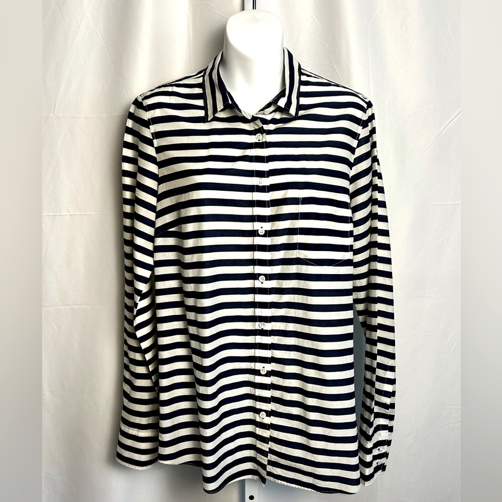 J.Crew 100% cotton blouse. Excellent used condition. Navy and white stripe.